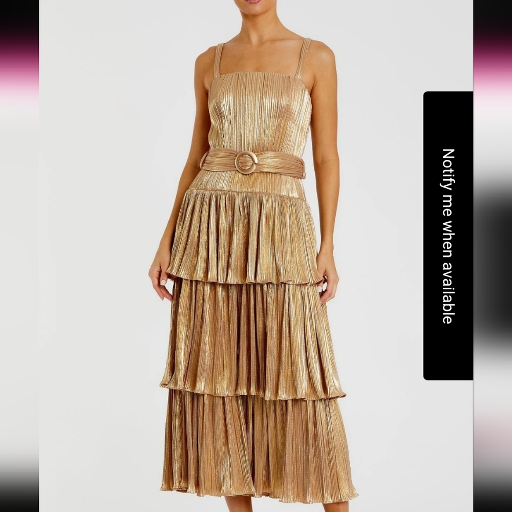 New Mac Duggal [6] 27062 Tea-Length Maxi‎ Gold Ruffle Tiered Dress Metallic 8